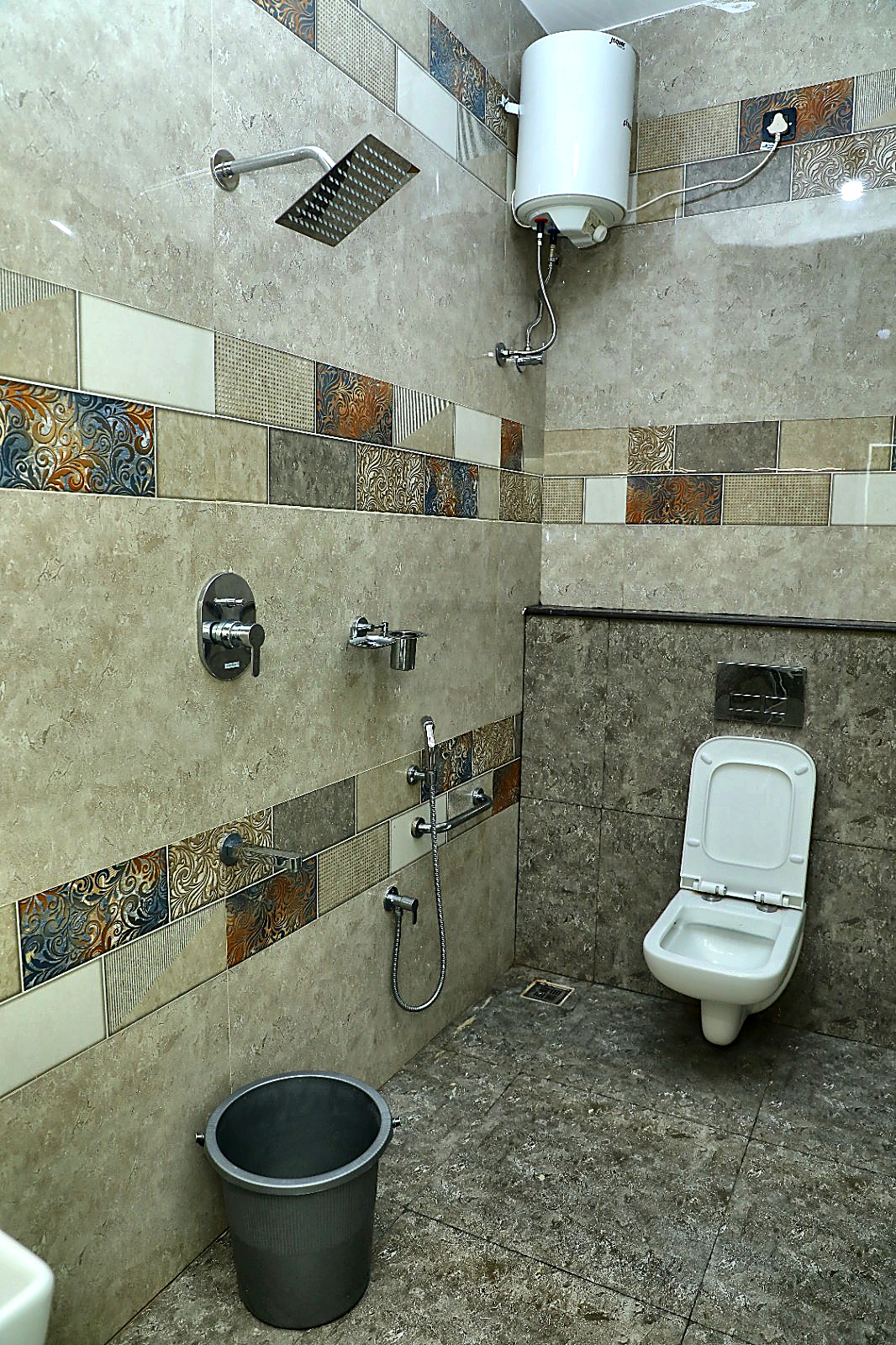 Modern Attached Bathroom with Rain Shower - Hotel Priso Puducherry